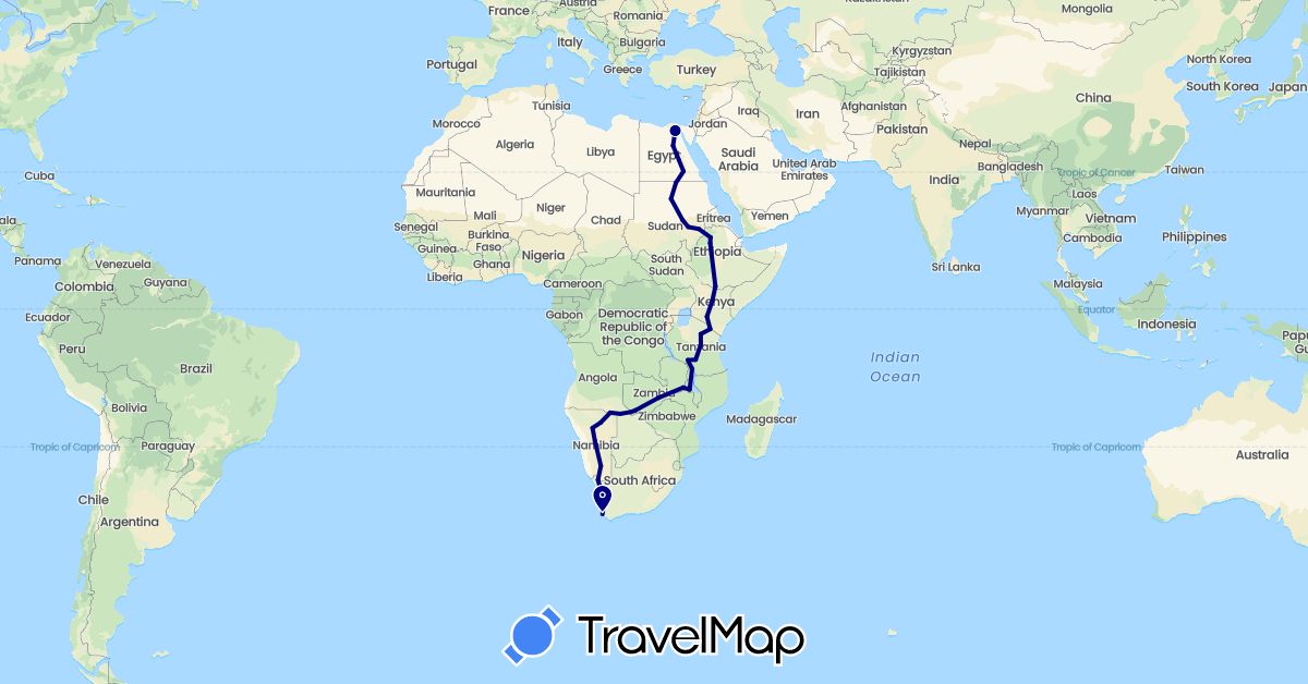 TravelMap itinerary: driving in Egypt, Ethiopia, Kenya, Malawi, Namibia, Sudan, Tanzania, South Africa, Zambia (Africa)